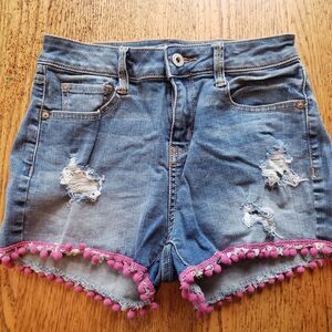 Arizona‎ Jean Co. Distressed Denim Pink Fringe Hem Shorts Juniors Size 3